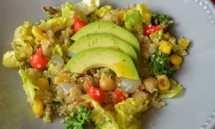 Salad of quinoa, avocado, chickpeas, pepper drops