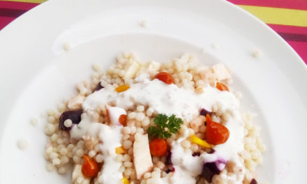 Salad of toasted pearl couscous and spiced creamy sauce