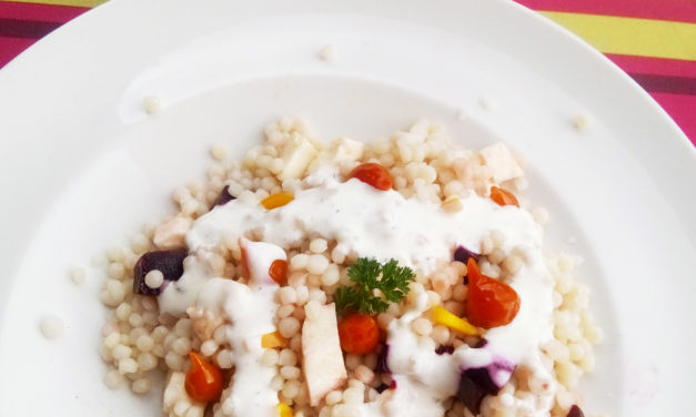 Salad of toasted pearl couscous and spiced creamy sauce