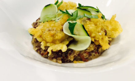 Risotto of quinoa and mushrooms, marinated zucchini, lemon and curry shiitake tempura