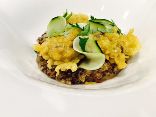 Risotto of quinoa and mushrooms, marinated zucchini, lemon and curry shiitake tempura